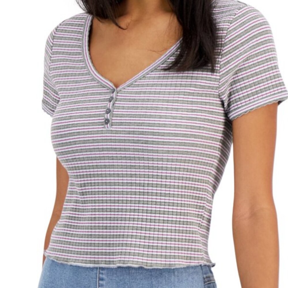 NEW! Hippie Rose Ribbed Henley Knit Top Striped V-Neck XL Cotton Blend Short Sle